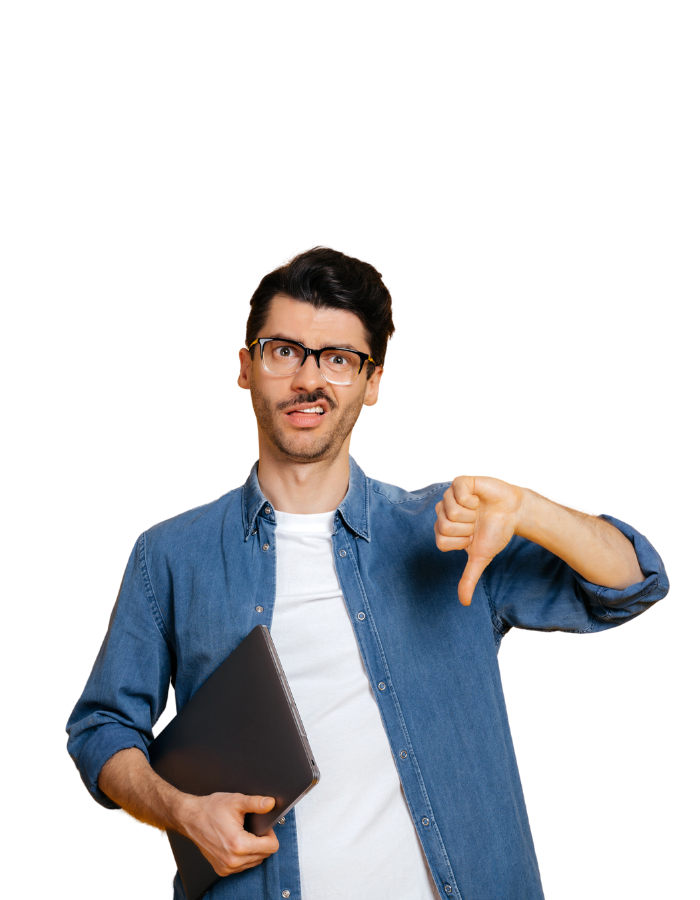 man with laptop giving thumbs down