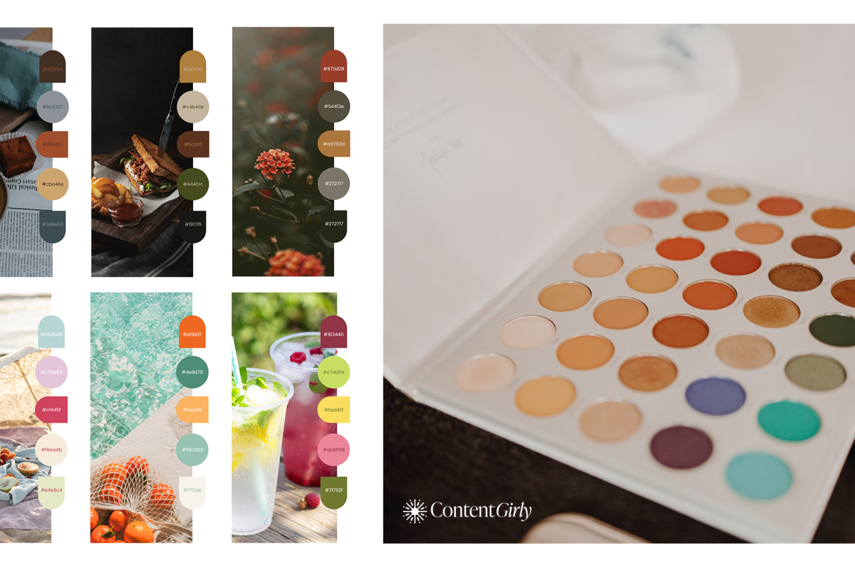Flatlay of bold brand color palette with hex codes, used for social media content planning